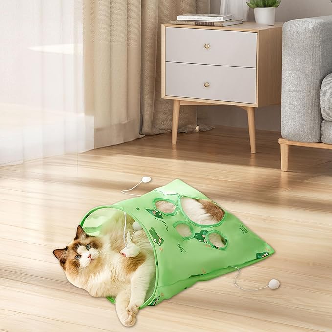 Andiker Cat Tunnel Bags for Indoor Cats, 13x17x12In Foldable Cat Crinkle Bag with 3 White Plush Balls and 1 Mouse 5 Holes for Kitten to Hide and Catch 3 Layers Cat Toy (Dinosaur)