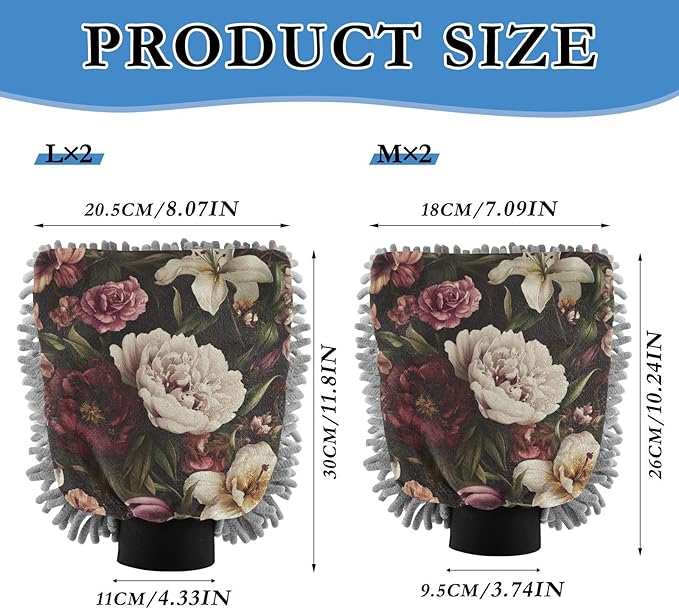 Car Wash Mitt Microfiber Wash Mitts for Car Washing Scratch-Free Cleaning Gloves Soft Non Absorbent Chenille Auto Hand Mitt Large 2Pack Peony Rose Flowers Pink