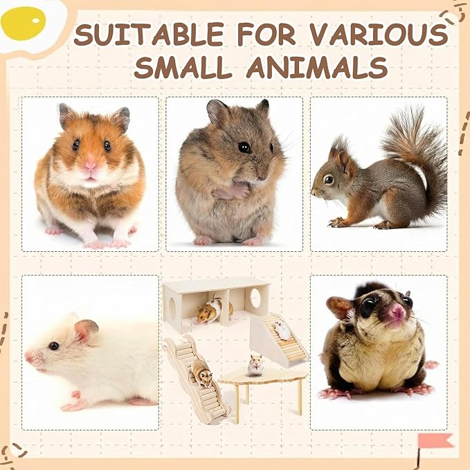 BreezeHug 4 Pcs Hamster Platform Hideout Wooden Tunnel Ladder Playhouse Hamster Game Climbing Toy with Platform Cage Accessories for Pets Dwarf Syrian Mice Degus Gerbils Squirrel(Peek)
