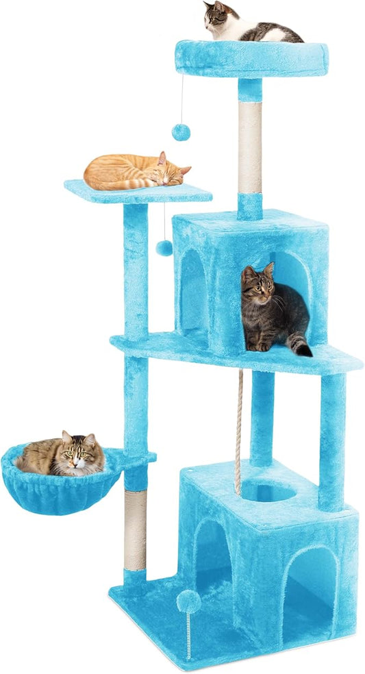 54-Inch Cat Tree Tower with 2 Caves & 2 Pompoms - Multi-Level Tower for Indoor Cats, Soft Plush Condo with Scratching Posts - Sturdy Base for Large Cats(Blue)