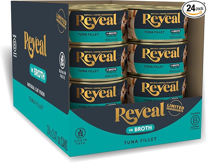 Reveal Natural Wet Cat Food, 24 Count, Grain Free, Limited Ingredient Canned Food for Cats, Tuna Fillet in Broth, 2.47 oz Cans