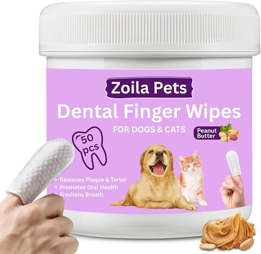 Dog & Cat Dental Wipes - Finger Toothbrush for Plaque, Tartar & Breath | Dental wipes help remove plaque, tartar & bad breath for dogs, cats & small pets, at-home oral care, 50 Wipes, Peanut Butter