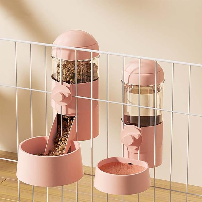 Pet Dog Cat Hanging Automatic Feeders Drinking Bowls, Auto Gravity Rabbits Feeder Water Set, Cage Pet Feeding Bowls Dispenser for Cats Dogs Puppy, Rabbit Hamsters Chinchilla Hedgehog (Pink-Food)