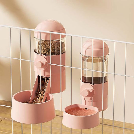 Pet Dog Cat Hanging Automatic Feeders Drinking Bowls, Auto Gravity Rabbits Feeder Water Set, Cage Pet Feeding Bowls Dispenser for Cats Dogs Puppy, Rabbit Hamsters Chinchilla Hedgehog (Pink-Food)