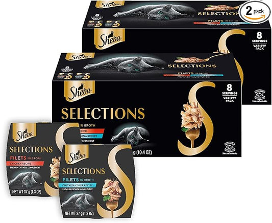 Sheba Selections Filets in Broth, Adult Cat Food Wet Recipe, Meal Complement, Wet Cat Food Variety Pack, Chicken Recipe and Chicken & Tuna Recipe, 1.3 oz. Cups, 8 Count (Pack of 2)