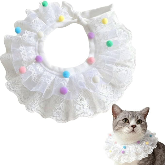 Elegant Lace Cat Collar with Cute Bow,Cat Collar with Bow Tie,Pet Lace Bib Collar with Cute Bow,Cat Princess Costumes,Colorful Ball,1 Piece ﻿