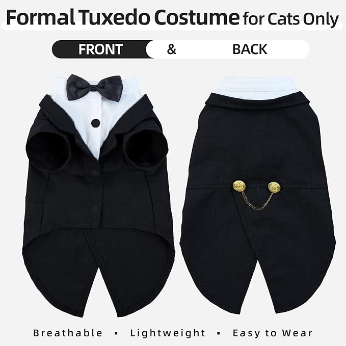 QBLEEV Cat Tuxedo Outfit with Bow Tie, Sphynx Cat Costume Formal Suit Wear | Soft breathable, stylish hairless clothes for cats only, kitten wedding birthday party shirt apparel for male boy