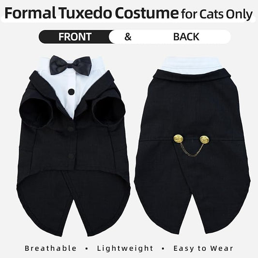 QBLEEV Cat Tuxedo Outfit with Bow Tie, Sphynx Cat Costume Formal Suit Wear | Soft breathable, stylish hairless clothes for cats only, kitten wedding birthday party shirt apparel for male boy