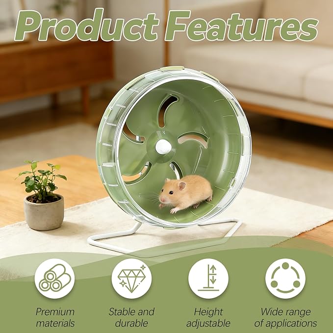 8.4" Height-Adjustable Silent Hamster Wheel Stand, Quiet Hamster Exercise Wheels, Chinchilla Running Spinner Cage Accessories for Gerbil Guinea Pig Mouse Sugar Glider (Green)