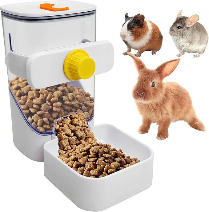 34oz Automatic Rabbit Food Dispenser for Cage Hanging Guinea Pig Feeder No Drip Bunny Food Bowl for Ferret Rat Hamster Chinchilla and Other Small Animals (White)