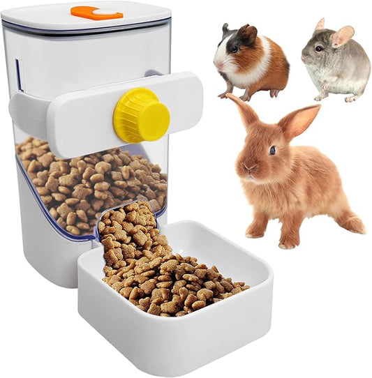 34oz Automatic Rabbit Food Dispenser for Cage Hanging Guinea Pig Feeder No Drip Bunny Food Bowl for Ferret Rat Hamster Chinchilla and Other Small Animals (White)