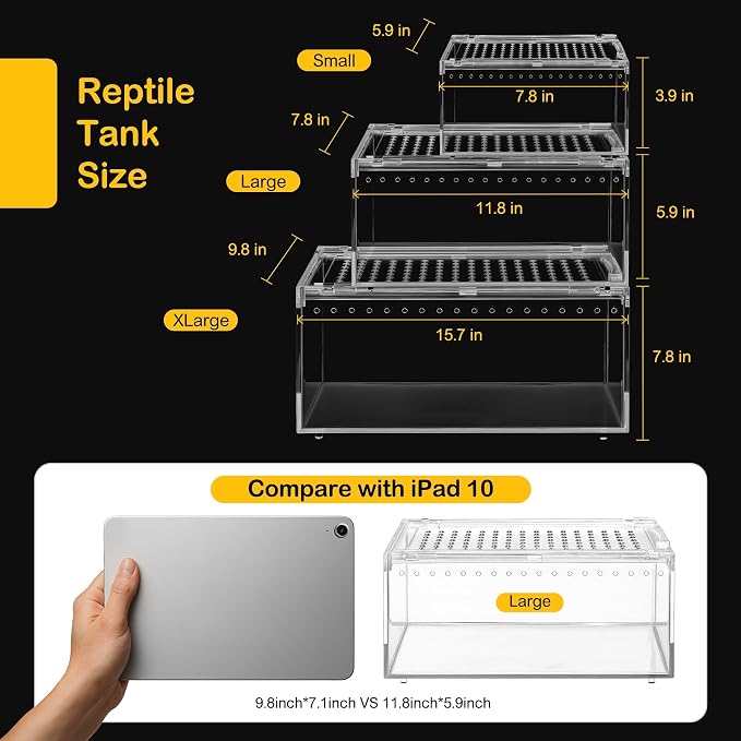 Reptile Tank,Escape Proof Magnetic Lid Tarantula Enclosure XLarge | Easy Clean Seamless Base Hermit Crab Habitat,Stackable Lizard Terrarium,Cross Ventilation Starter Leopard Gecko Cage,Frog Box