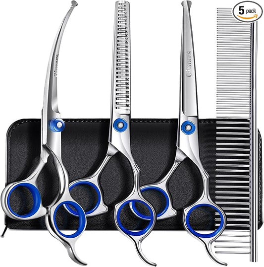 Gimars Professional 5 in 1 Grooming Scissors for Dogs 4CR with Safety Round Tip, Heavy Duty Titanium Coated Straight & Thinning & Curved Shears