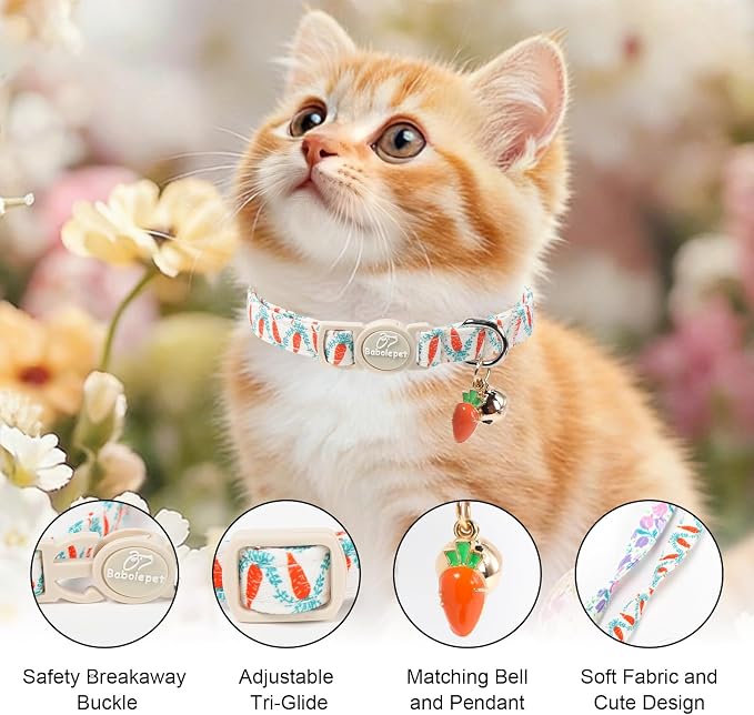 2 Pack Cute Cat Collars - Playful Carrot & Floral Printe Soft Breakaway Cat Collar with Bell & Matching Pendant, Adjustable Spring Summer Kitten Collars for Boy Girl Cats