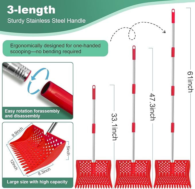 12" 2-in-1 Chicken Poop Scooper & Rake, 3-Shape Sifting Holes Chicken Coop Rake, Stainless Steel Handle (20–61") - Litter Scooper & Sand Sifting Shovel (U.S. Patent No. D1124534) - Red