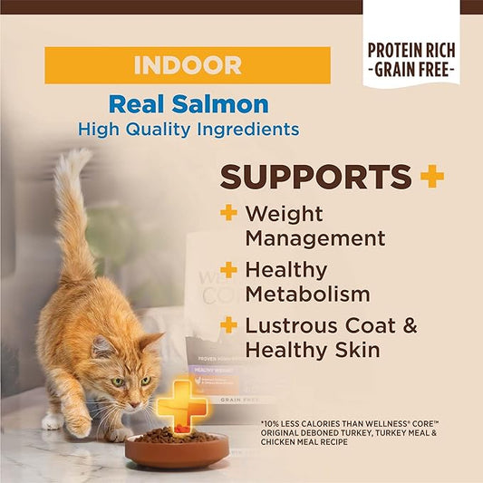 Wellness CORE+ Adult Dry Cat Food for Infoor Cats, Natural, Grain Free Kibble, Salmon and Herring Meal Recipe, 5 lb Bag