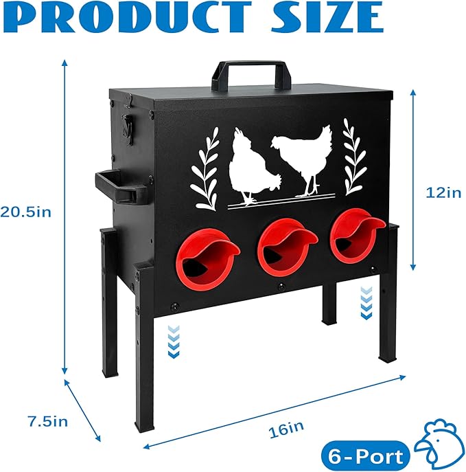 No Waste Automatic Chicken Feeder (30 LB), Rodent Resistant Metal Poultry Feeder with Locking Lid, Adjustable Stand & 8 Ports, Heavy Duty Weatherproof Feed Box for Hens, Ducks