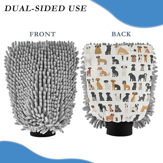 Car Wash Mitt Microfiber Wash Mitts for Car Washing Scratch-Free Cleaning Gloves Soft Non Absorbent Chenille Auto Hand Mitt Large 2Pack White Cute Dogs