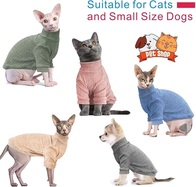 Idepet Sphynx Hairless Cats Sweater Shirt Kitten Soft Puppy Clothes Pullover Cute Cat Pajamas Jumpsuit Cotton Apparel Pet Winter Turtleneck for Cats and Teacup Chihuahua Small Dogs(Blue,XL)