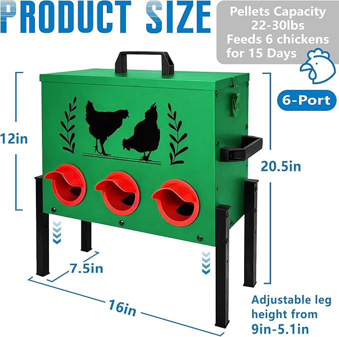 No Waste Automatic Chicken Feeder (30 LB), Rodent Resistant Metal Poultry Feeder with Locking Lid, Adjustable Stand & 8 Ports, Heavy Duty Weatherproof Feed Box for Hens, Ducks