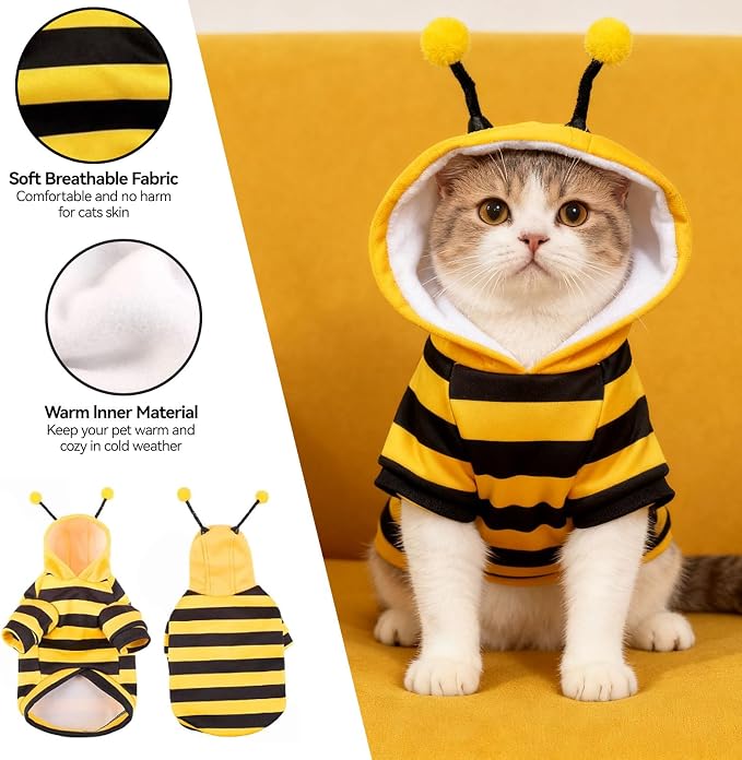 Bumblebee Cat Costume for Sphynx & Small Dogs, Fit Halloween, Yellow, XS | Cute Bee Stripes Hoodie, Soft Warm Fleece, Holiday Cosplay Outfit, Daily Leisure Wear, Easy to Put, Safe for Leash Walking