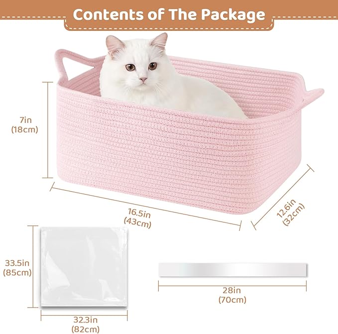 OIASKET Large Empty Gift Baskets for Baby Shower, 16.5" L x 12.6" W x 7" H Cute Woven Storage Basket with Gift Bags and Ribbons, Small Rope Toy Basket with Handles, Cat Dog Pet Toy Organizer - Pink