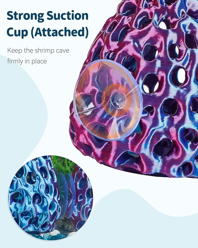 Uniclife Shrimp Hides for Aquariums, Realistic Plastic Aquarium Coral Rock Decorations with Suction Cups, Blue-Violet