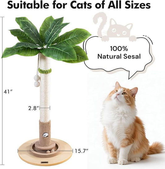 WOOCHPET Cat Scratching Post for Indoor Cats 35" Tall, Sisal Cat Scratcher with Mouse Toy and Track Balls, Wooden Base (Beige)