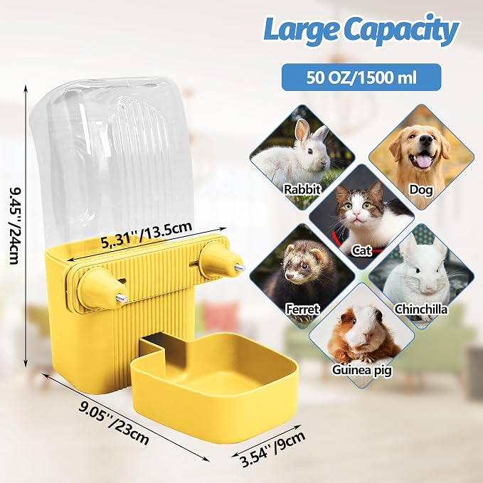 50 oz Rabbit Water Dispenser Hanging Gravity Bunny Water Bottle for Cage Automatic Small Animal Water Bottle for Ferret Guinea Pig Chinchilla Cat Puppy (Yellow)
