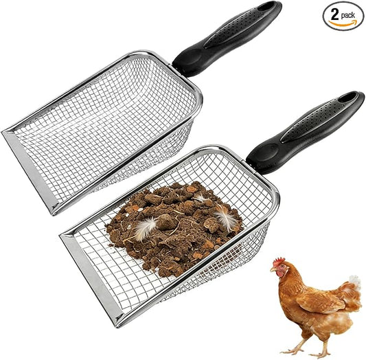 2 Pack Chicken Poop Scooper for Coop, Mesh Sifting Shovel with 3.8mm & 5mm Holes, 4" Metal Chicken Coop Rake and Scoop Cleaning Tool, Scooper Shovel for Sifting Sand, Litter, Chicken Supplies (4")
