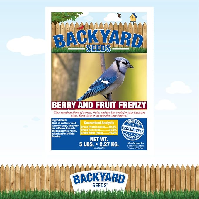 Backyard Seeds Berries 'N Fruit Bird Seed Mix 5lbs - Premium Blend with Dried Fruit & Berries, Large Bag of Wild Bird Food