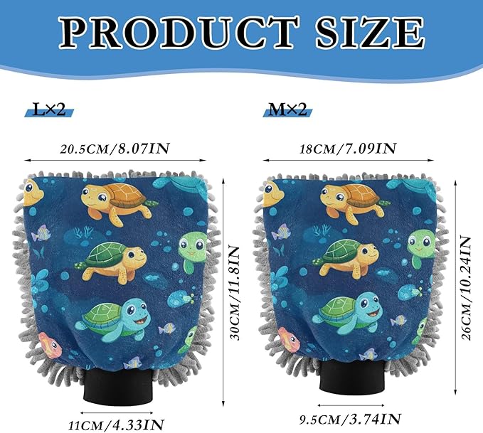 Car Wash Mitt Microfiber Wash Mitts for Car Washing Scratch-Free Cleaning Gloves Soft Non Absorbent Chenille Auto Hand Mitt Large 2Pack Cute Turtles and Corals