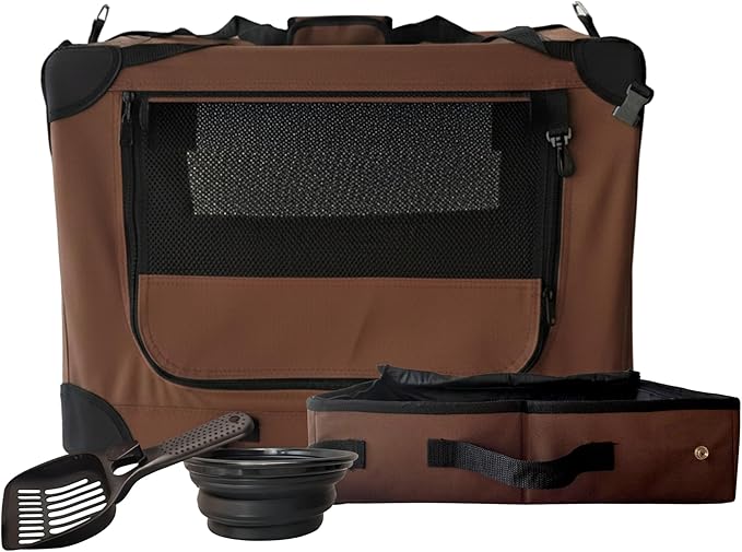 Large Cat Travel Carrier – Soft Sided Spacious Pet Carrier for Medium to Large Cats (Up to 25 lbs), Built-in Litter Box & Water Bottle, Car & Vet Travel, Foldable & Breathable – Brown