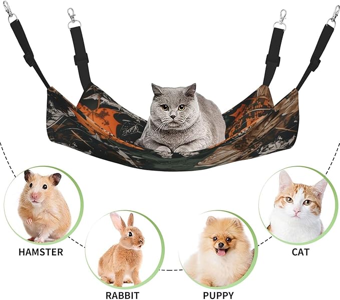Camo Leaves Cat Hammock for Cage, Camouflage Hanging Cat Bed with Adjustable Straps and Metal Hooks, Soft Pet Cage Swing for Puppy Rabbits Small Animal
