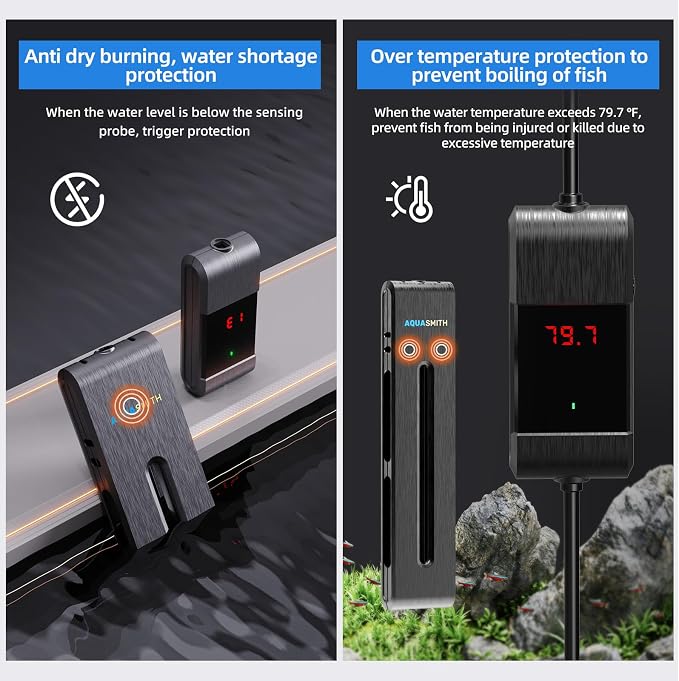 AQUASMITH Aquarium Heater,100W Fish Tank Heater,Suitable for 40-50 Gallon Fish Tank,Dual-chip Intelligent Temperature Control,Has a Variety of Intelligent Security Protection Functions