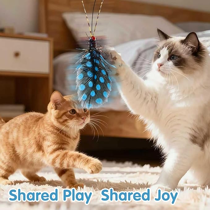 Walfront Interactive Cat Wand Toy with Blue and Green Spotted Insect Heads, Cat Teaser Wand for Multi Cat Homes, Indoor Play for Kittens and Adult Cats, Promotes Fun, Activity, and Owner Bonding