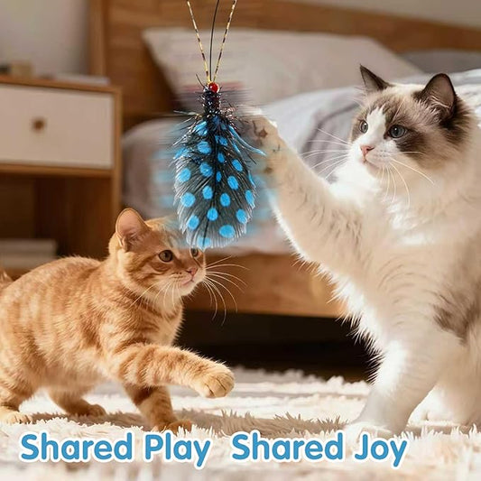 Walfront Interactive Cat Wand Toy with Blue and Green Spotted Insect Heads, Cat Teaser Wand for Multi Cat Homes, Indoor Play for Kittens and Adult Cats, Promotes Fun, Activity, and Owner Bonding