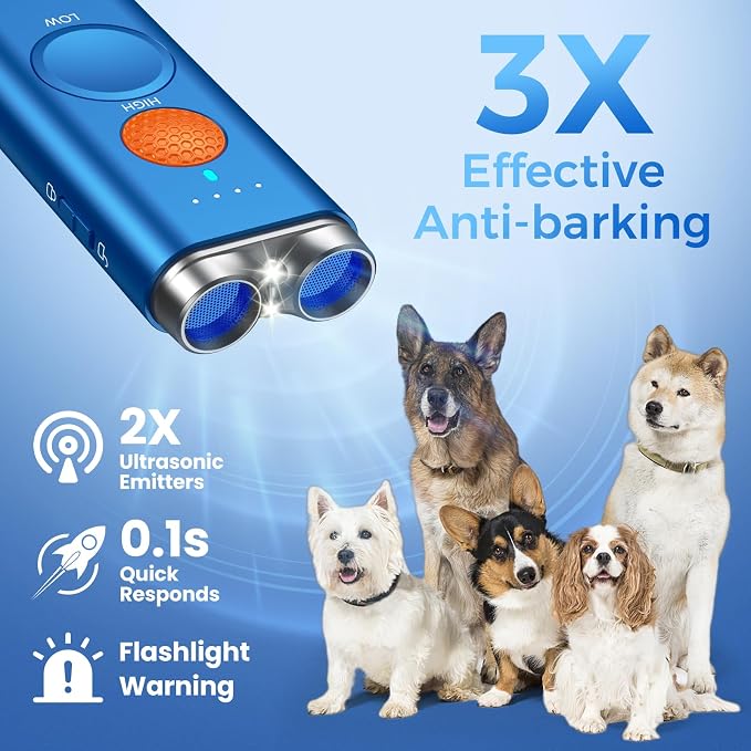 Dog Bark Deterrent Device, Anti Barking Device for Dogs Training Indoor Outdoor No More Bark Ultrasonic 2X Effective Emitters 50ft Range to Stop Neighbors Dog Barking Rechargeable for All Dogs