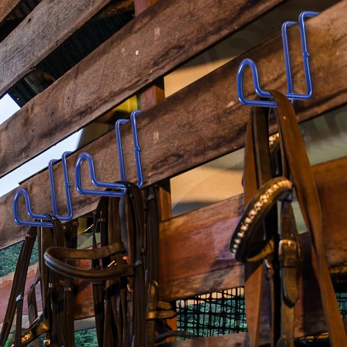 Dunzy 2 Pcs 4 Inch Tack Hook Heavy Duty Horse Halter Rack Over Rail Bridle Hooks Metal Horse Water Bucket Hangers Horses Stall Accessories for Hanging Horses Bridles Saddle Fence Door Holder(Blue)