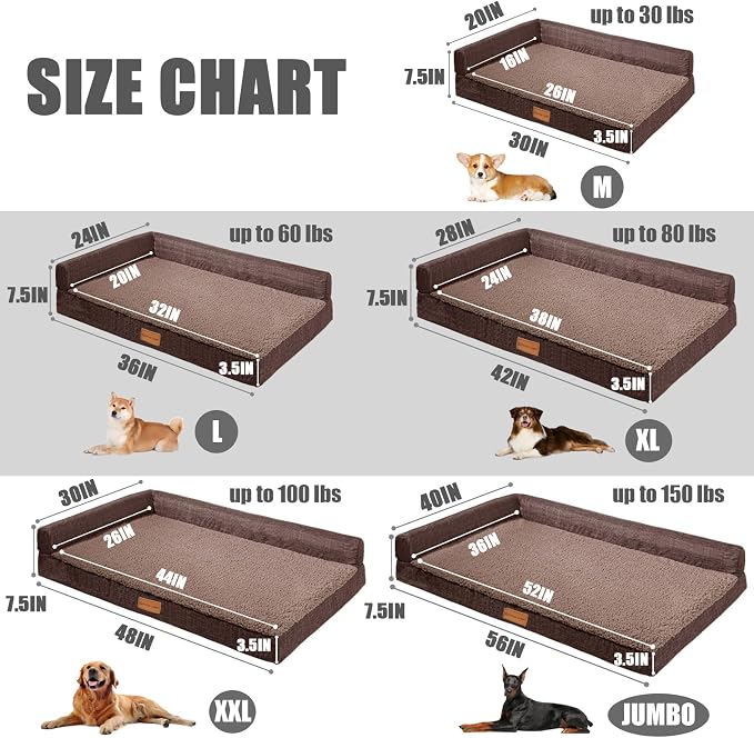 Patas Lague Orthopedic Jumbo Dog Bed for Extra Large Dogs 56''X40'', Waterproof L Bolster Jumbo Pet Sofa Beds with Removable Washable Cover, Soft Pet Couch Crate Mat with Nonskid Bottom, Brown