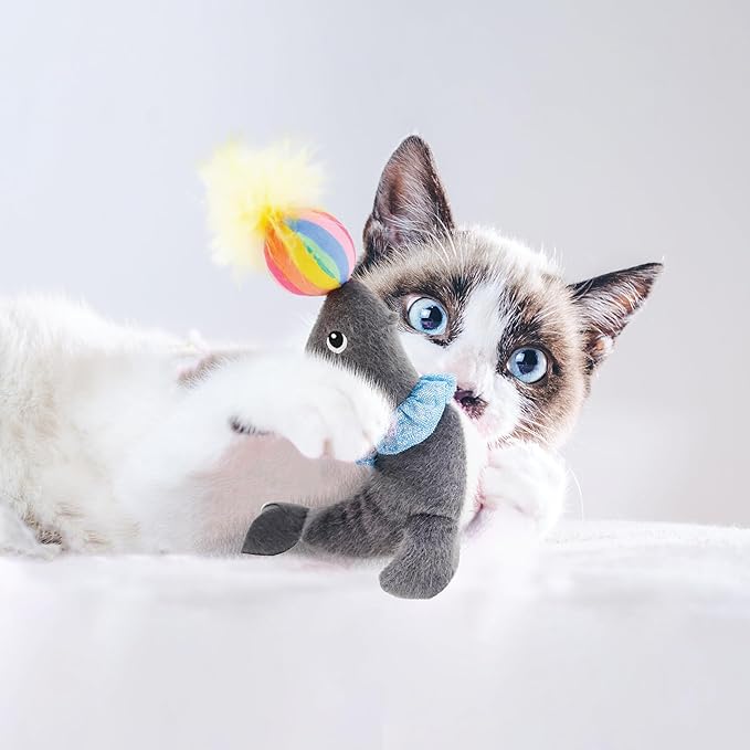 Jumpaws 2 Pack Interactive Catnip and Feather Cat Toys, Circus Penguin and Seal Catnip Toys, Accessories for Indoor Cat, Catnip Plush Toys with Natural Feathers and Rattles