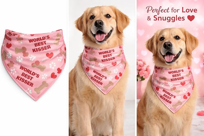 Luxury Satin Dog Bandana – Slip-On Collar Style, Premium Pet Scarf for Medium, Large & XL Dogs – Special Occasion Accessory (Collar Not Included) (Medium - Extra Large, World's Best Kisser)