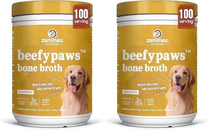 Zammex Grass-Fed Beef Bone Broth Protein Powder for Dogs & Cats - Joint & Bone Support, Gut Health & Immune Support, Healthy Fur Enhancer, Pet Food Topper for Dry & Wet Food, 10.58oz (Pack of 2)