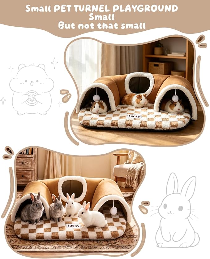Extra Large Guinea Pig Hideout Tunnel, 3-Cave Small Animal Tunnel for Play Tube Toys Mat, Pet Tunnel for Dwarf Rabbits Bunny Chinchillas Hamsters Hedgehogs Ferrets, Brown, 22.05" × 16.14"× 5.51"