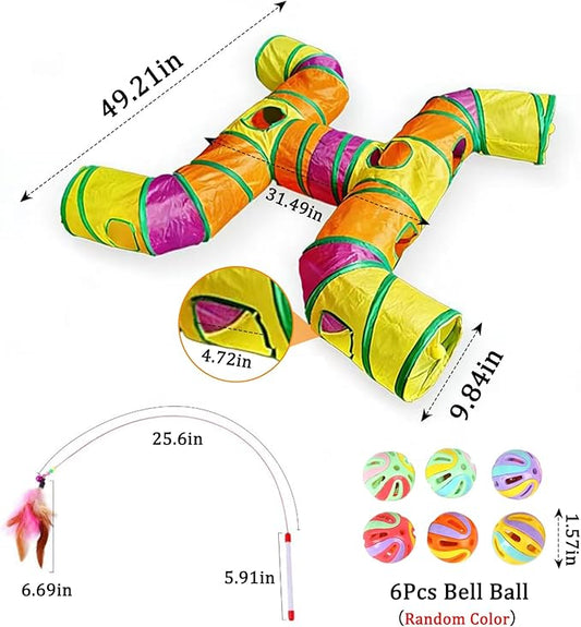 4-Way Large Cat Tunnel, H Shape Cat Tube Toy with Interactive Playing Balls, Peek Hole for Indoor Cats, Kitten, Kitty, Puppy, Rabbit (Multicolor)