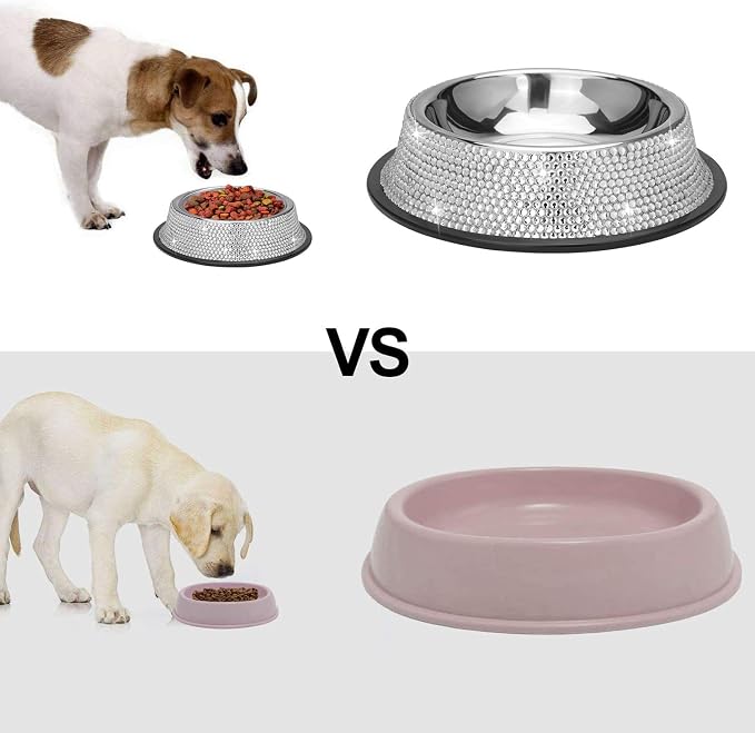 SAVORI Bling Dog Bowls White, 640ML Handmade Bling Rhinestones Stainless Steel Pet Bowls Double Food Water Feeder for Puppy Cats Dogs - Set of 2