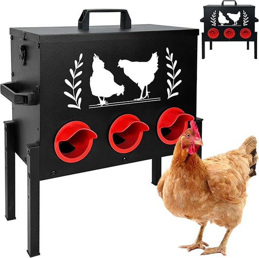 No Waste Automatic Chicken Feeder (30 LB), Rodent Resistant Metal Poultry Feeder with Locking Lid, Adjustable Stand & 8 Ports, Heavy Duty Weatherproof Feed Box for Hens, Ducks