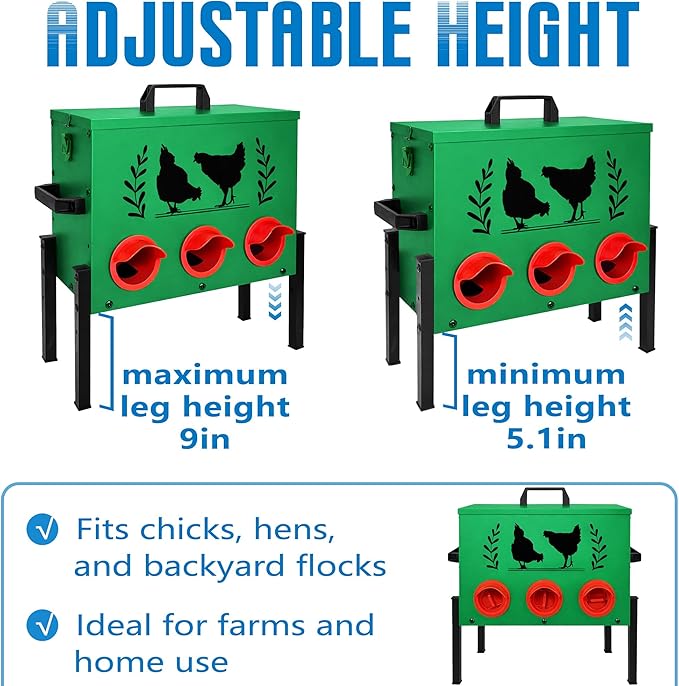 No Waste Automatic Chicken Feeder (30 LB), Rodent Resistant Metal Poultry Feeder with Locking Lid, Adjustable Stand & 8 Ports, Heavy Duty Weatherproof Feed Box for Hens, Ducks