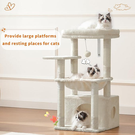 Heybly Cat Tree, Kitten Tower with Large Soft Cat Basket,Cat Condo with Spacious Cat Bed Cave with Hidden Space，Sisal-Covered Scratching Posts,Dangling Ball for Indoor Cats, Beige HCT008SM