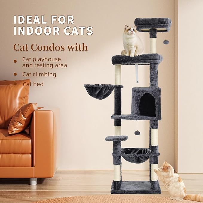 67-Inch Cat Tree with Bed, Hammock, Observation Deck, Plush Platform & Toy Ball for Indoor Cats (Grey)